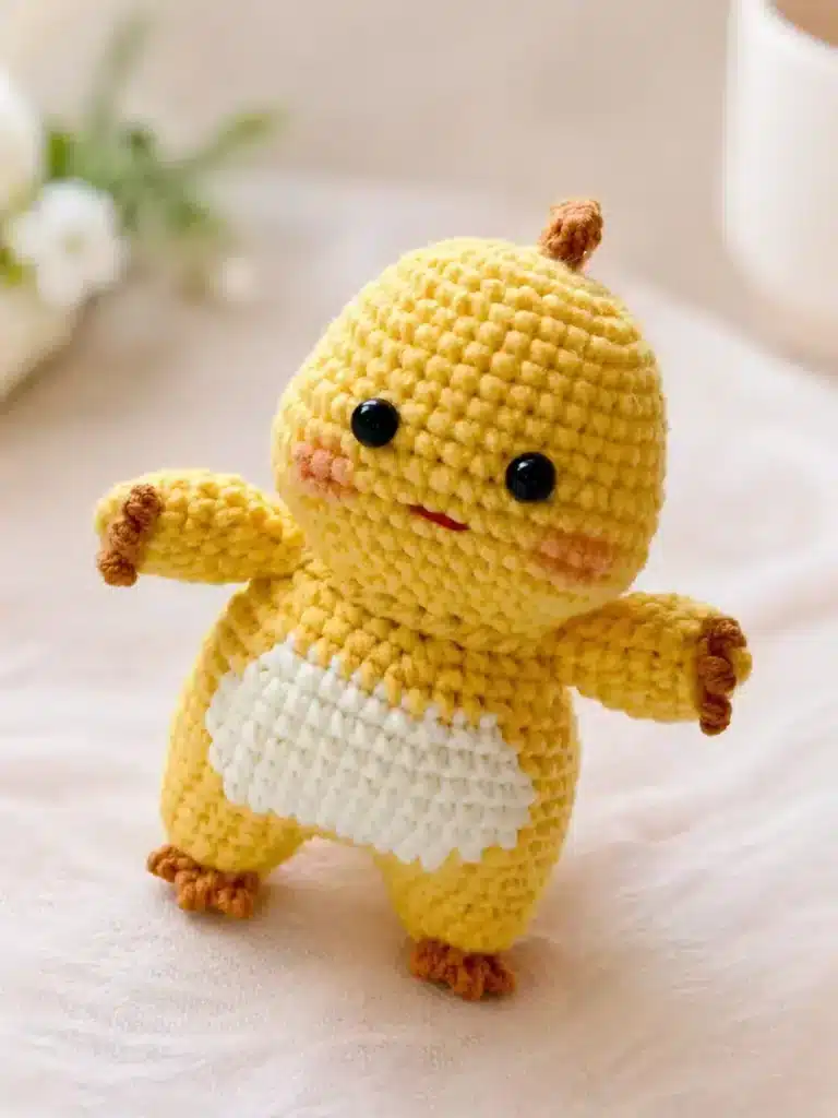 Mini Milk Dragon Crochet Pattern front view with yellow body, white belly, brown toes, tiny horn, black eyes, and pink cheeks.