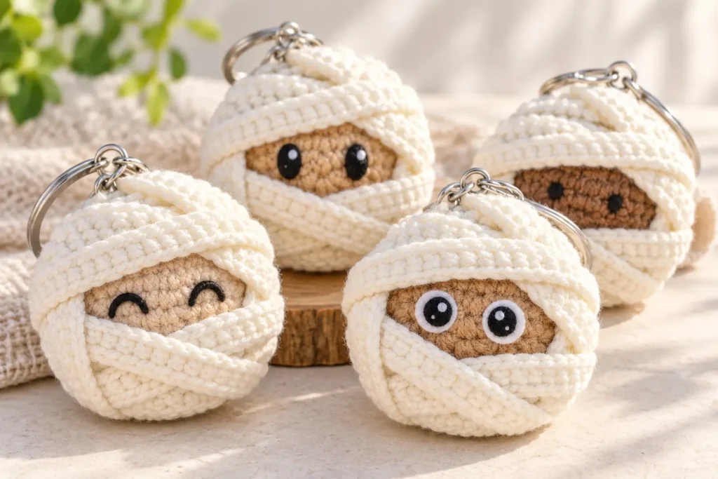 mini mummy crochet pattern easy no sew halloween amigurumi featured