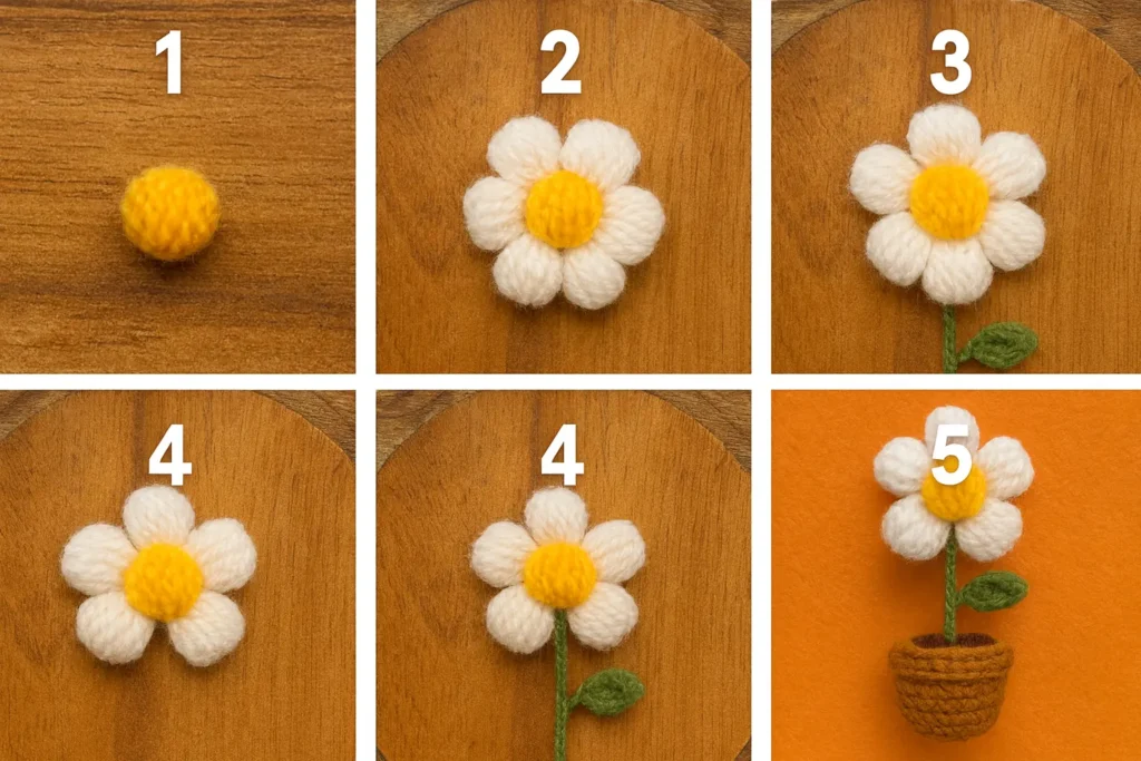 mini potted puff flower step by step—center, petals, stem and leaf, soil insert, finished mini pot