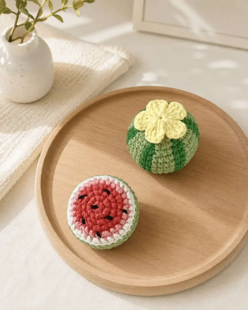 Mini Watermelon Keychain Crochet Pattern – Free Amigurumi Charm 2 Whole and sliced crochet watermelons from the mini keychain pattern
