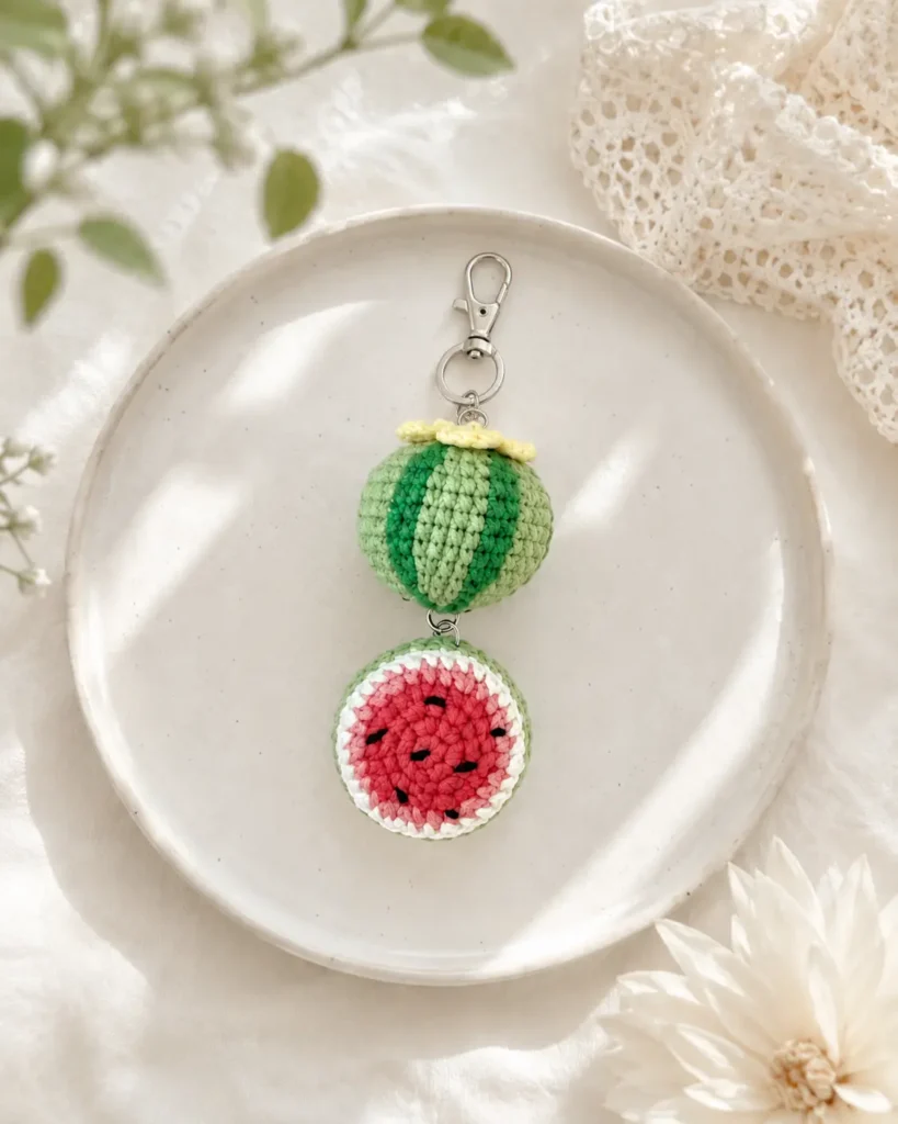 Mini Watermelon Keychain Crochet Pattern – Free Amigurumi Charm 3 Crochet watermelon keychain displayed on a white ceramic plate
