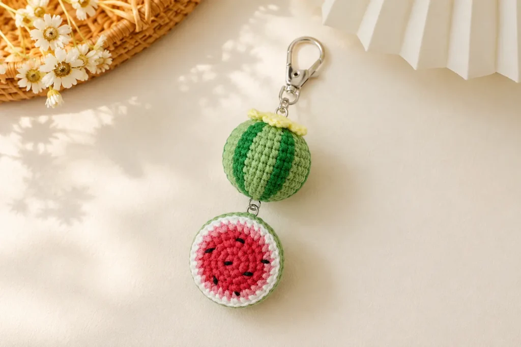 mini watermelon keychain crochet pattern free amigurumi charm featured