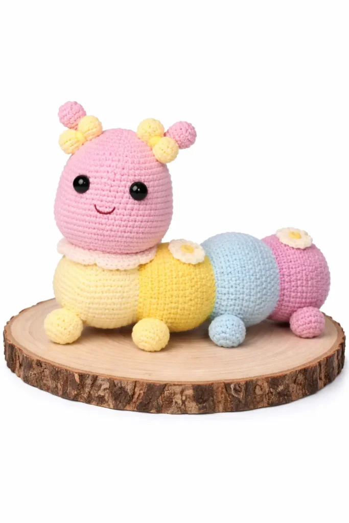 Pastel Caterpillar Crochet Pattern Free Amigurumi Tutorial 7 Pastel caterpillar crochet pattern final model on wooden slice with clean white background